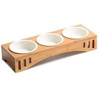 Raised Dog Cat Feeder Solid Bamboo Stand Ceramic Food Feeding Bowl Cats Puppy